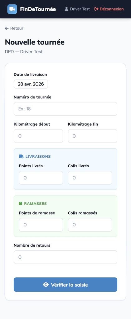 Formulaire de saisie tournée chauffeur FinDeTournée — kilométrage, colis livrés et retours